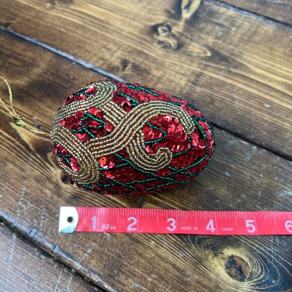 Vintage Handcrafted Red Sequin & Beaded Decorative Christmas Ornament Egg - Picture 5 of 6